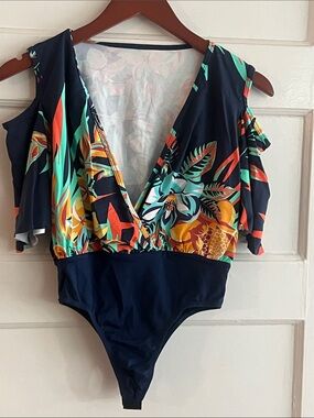 Floral Cold-Shoulder Bodysuit - Navy Multicolor